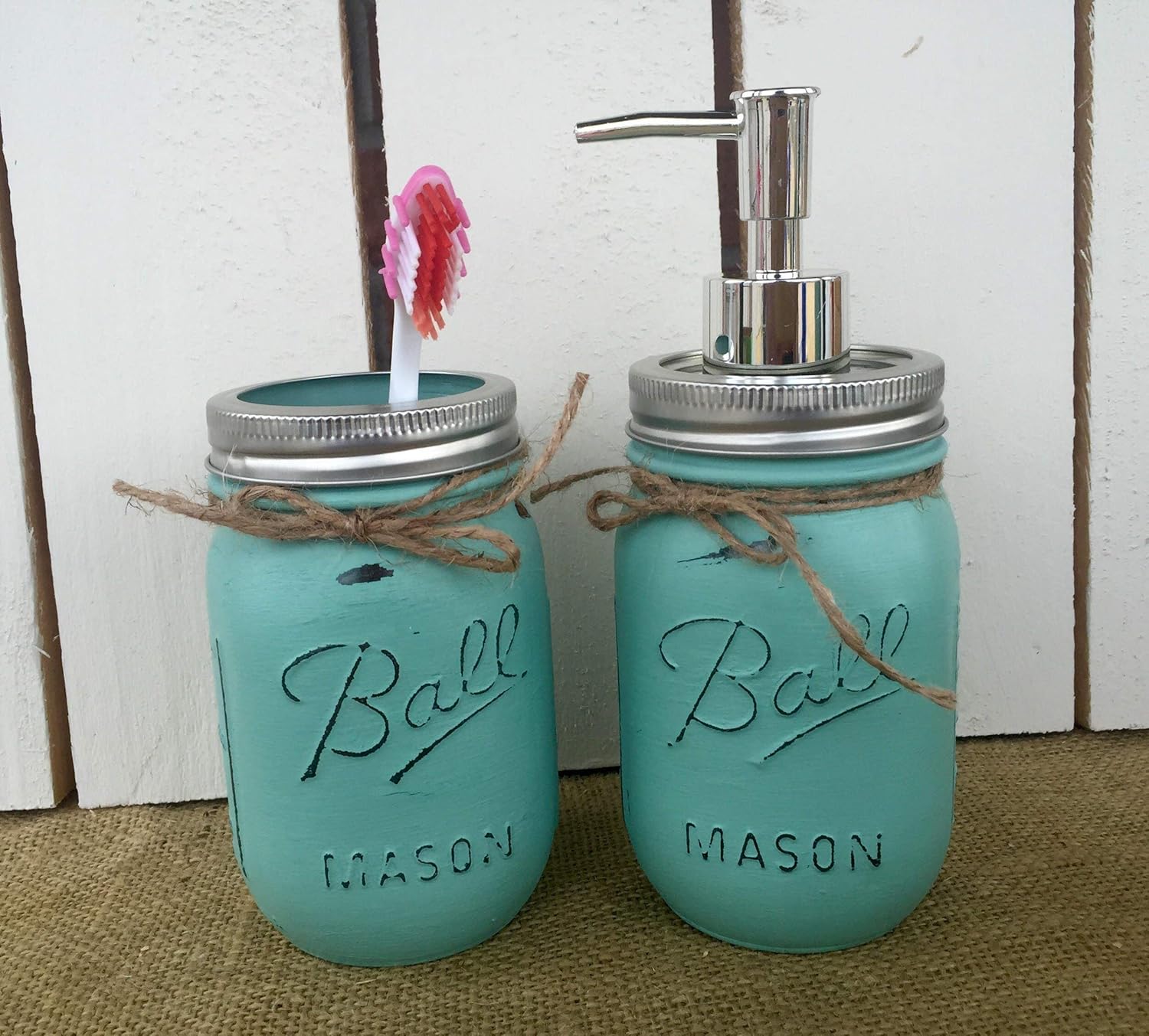 Amazon Com Painted Mason Jar Bathroom Set Of 2 Seaglass Rustic Distressed Farmhouse Decor Bathroom Soap Dispenser Handmade