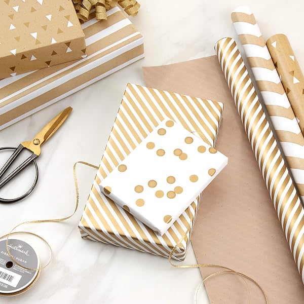 HALLMARK WHITE AND GOLD WRAPPING PAPER ROLLS FOR GRADUATION, BIRTHDAY, WEDDING, BRIDAL SHOWER, ALL OCCASION – BROWN KRAFT GIFT WRAP (SET OF 3 REVERSIBLE ROLLS: 75 SQ. FT. TTL.)