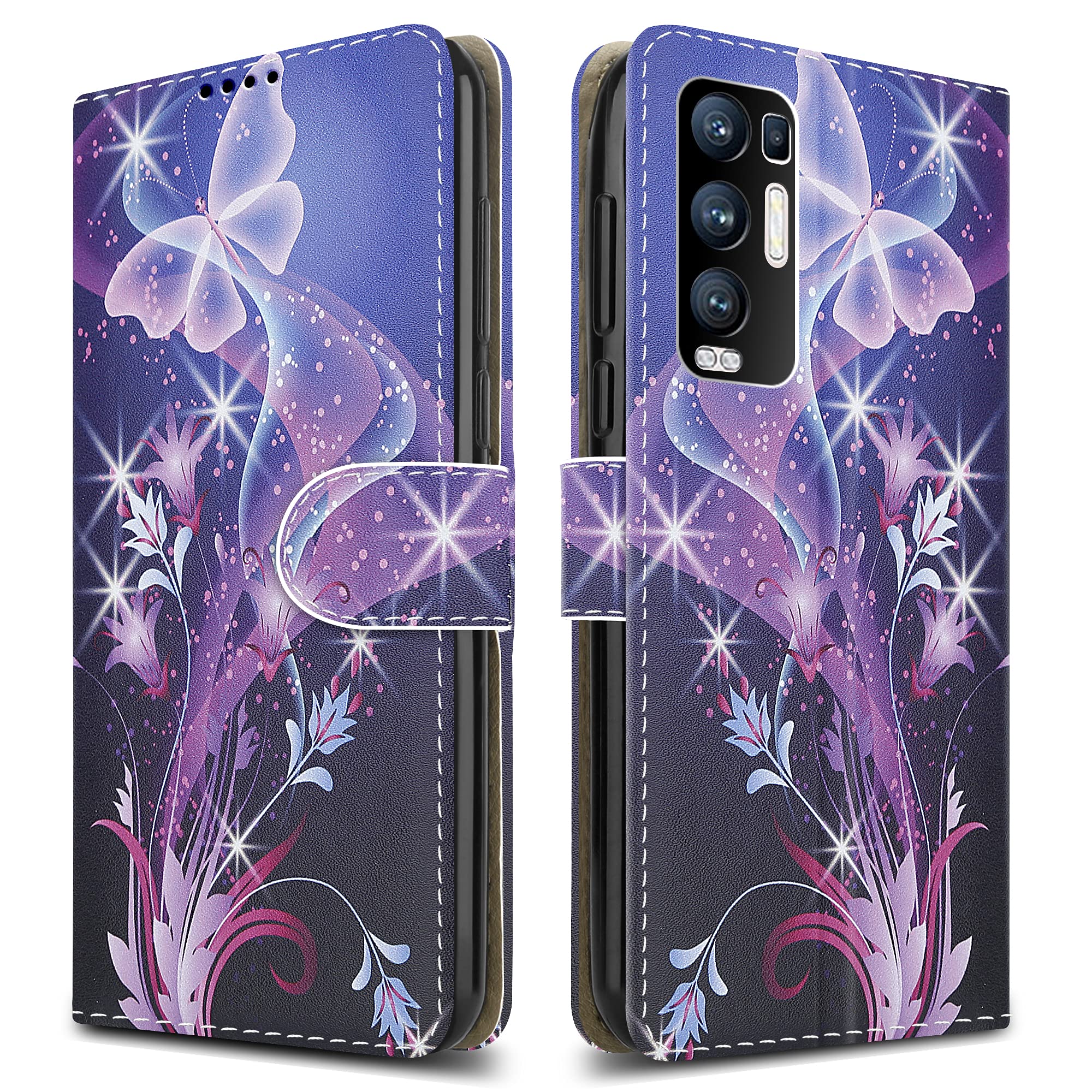 PIXFAB For Oppo Find X3 Neo 5G Leather Phone Case, Magnetic Closure Full Protection Book Folio Design, Wallet Case Cover [Card Slots] and [Kickstand] For Oppo Find X3 Neo (5G) - Butterfly Print