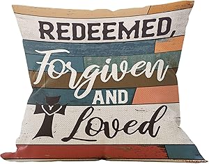 Redeemed, Forgiven And Loved Throw Pillow Case, Christian Decor, Christian Gift, Church Gifts, Scripture Decor, Christian Gifts for Women, 18 x 18 Inch Linen Cushion Cover for Sofa Couch Bed