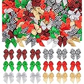 HFKPJRT 200 Pcs Mini Plaid & Gingham Ribbon Bows - Tiny Sation Ribbons for Sewing, DIY Crafts, Gift Wrapping, Wedding & Party Decoration (Red, Green, Silver, Gold, Plaid)