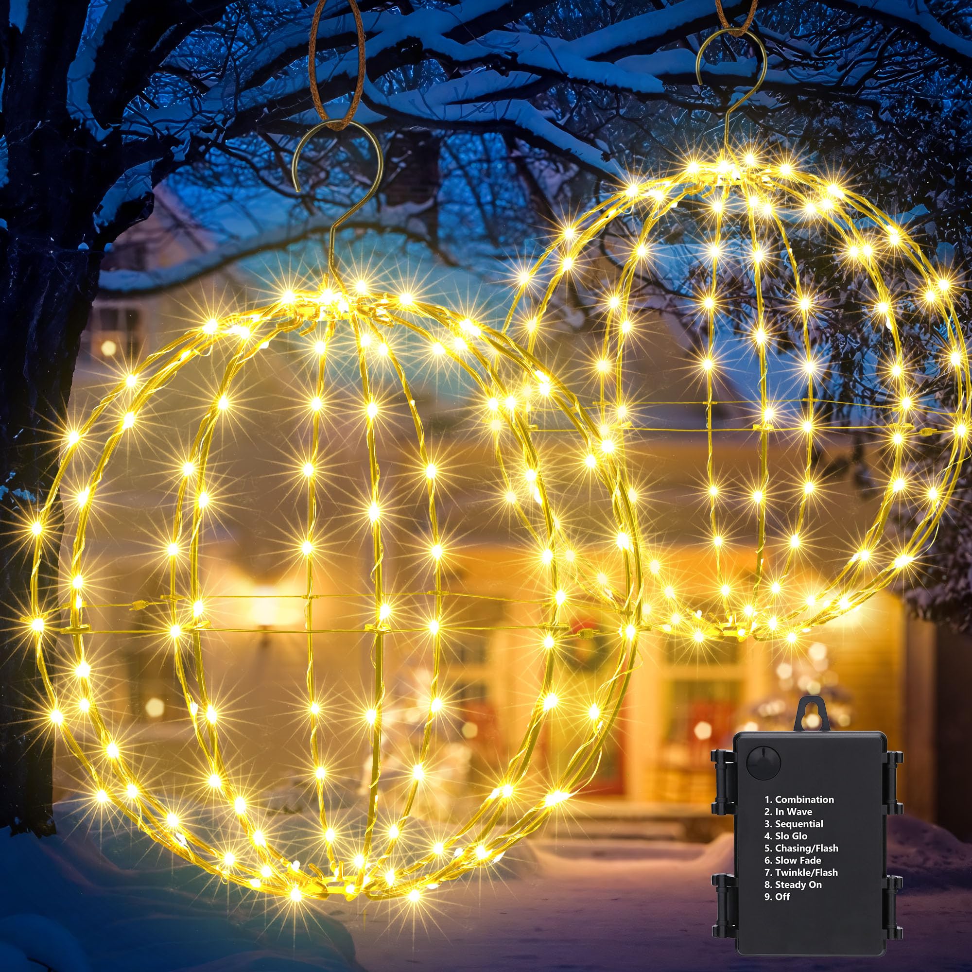 Photo 1 of Flacchi Set of 2 Outdoor Hanging Ball Lights - 2 Sizes of Christmas Battery Operated Garden Lanterns Waterproof Globe Fairy Lights with 8 Lighting Modes Timer Memory Function (Warm White)