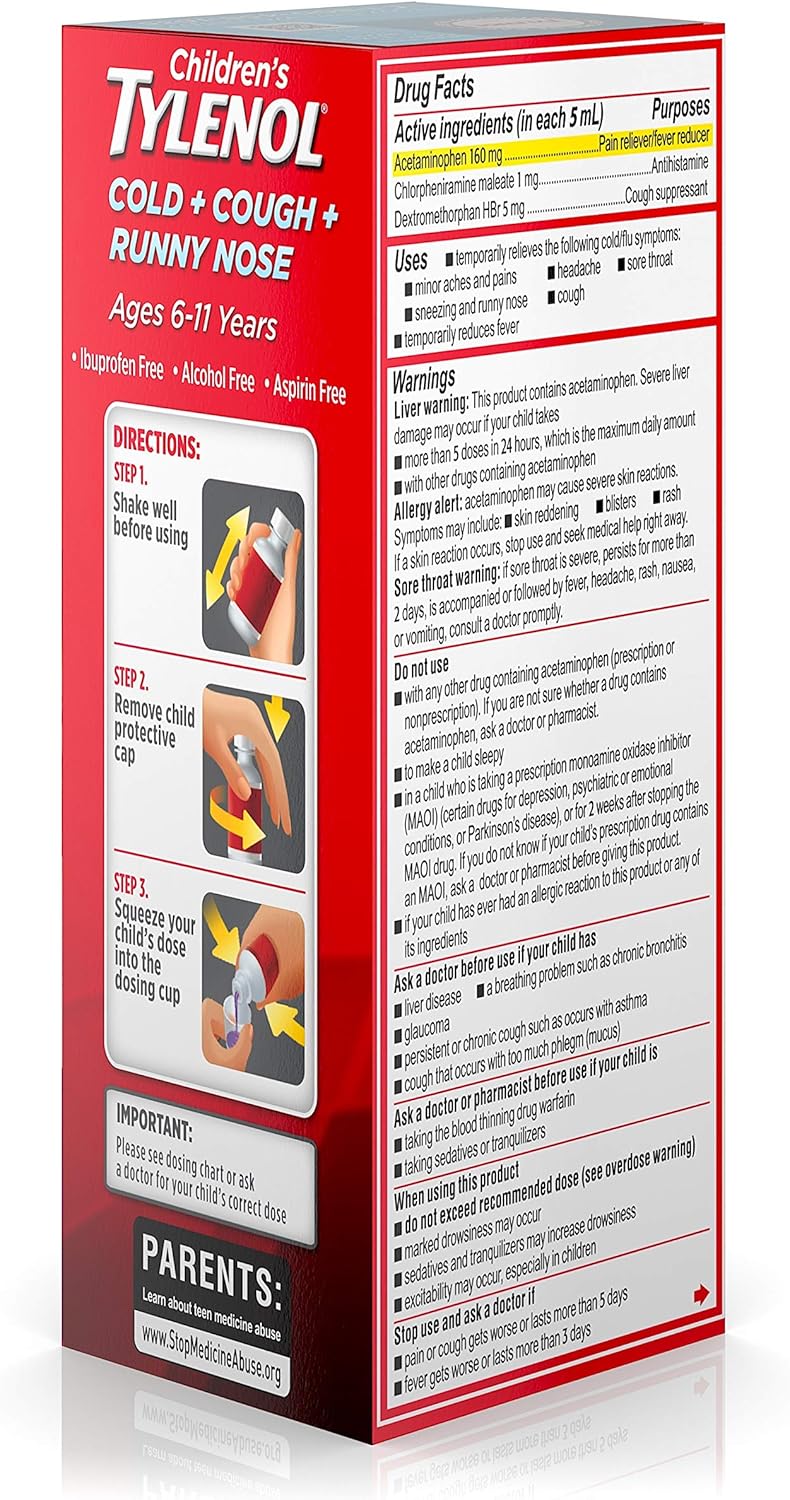 Children's Tylenol Cold + Cough + Runny Nose & Fever Medicine with Acetaminophen, Grape, 4 fl. oz: Health & Personal Care
