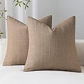 SINYASAN Decorative Linen Check Throw Pillow Covers Set of 2, 18"x18" Taupe Neutral Cushion Covers, Farmhouse Vintage Modern Boho Home Decor for Sofa Chair Couch Bedroom