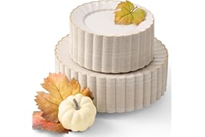 By Madee HEAVYWEIGHT 100 Pc Ivory Scalloped Plastic Plates for Party with Gold Trim | 50 Dinner & 50 Dessert Party Plates | Elegant Fancy for Wedding, Bridal Showers Special Moments (50 Guests)