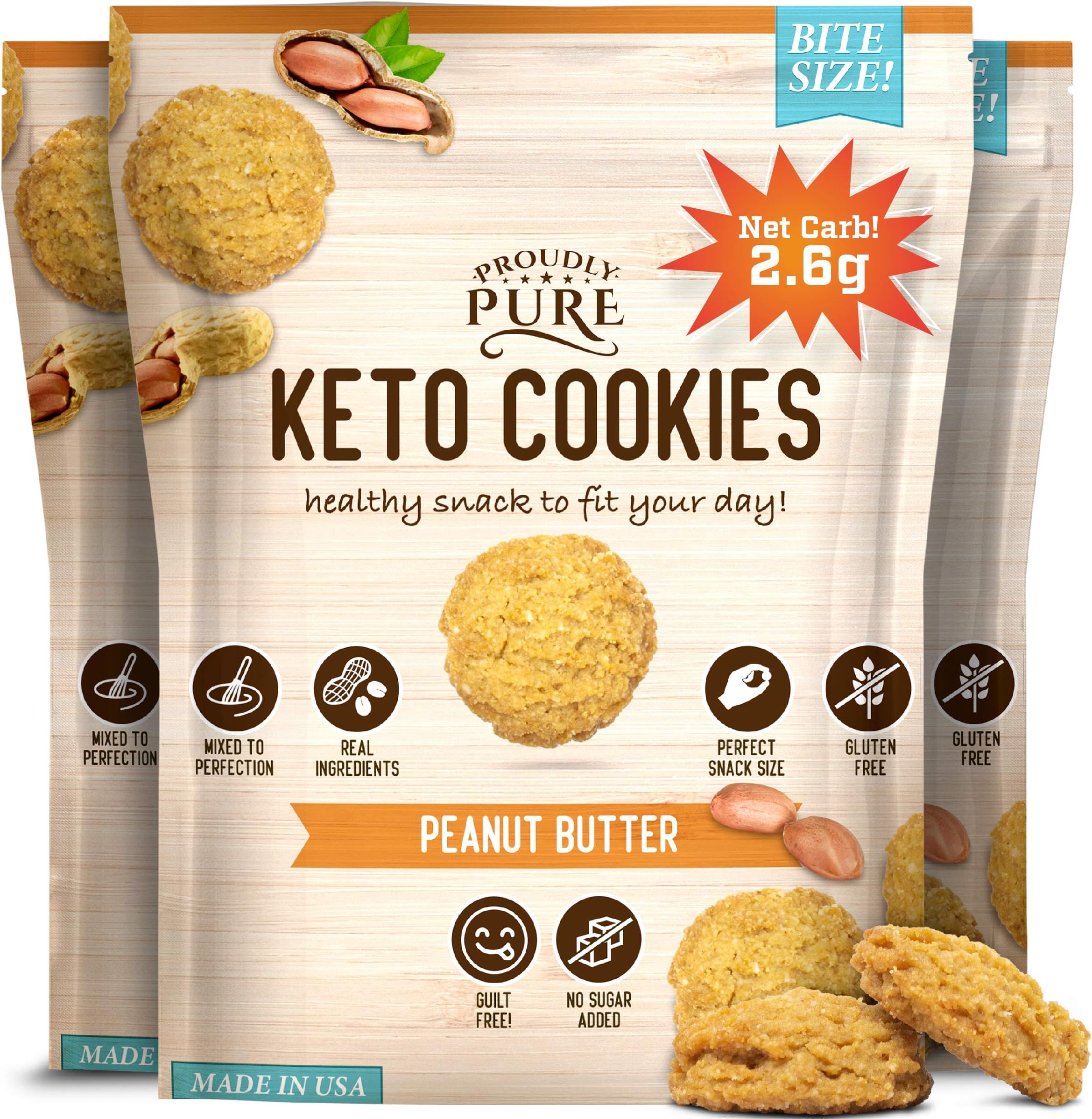 Proudly Pure Mini Bite Size On the Go 3 Pack Keto Yummy Peanut Butter Chip Snacks - Healthy Low Carb, Diet Friendly, Tasty and Delicious Gluten Free Food Treats Made With Real All Natural Ingredients