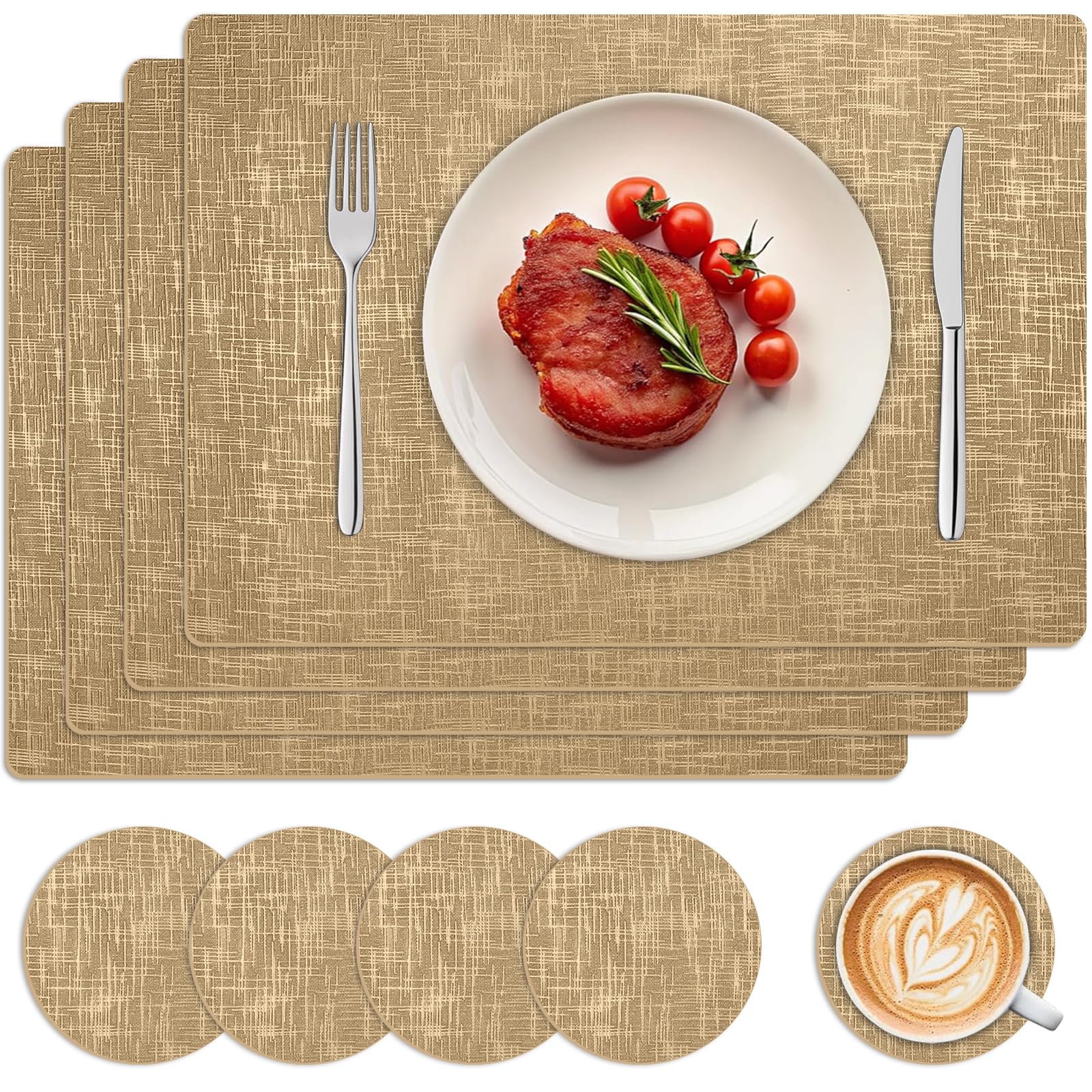 Placemats and Coasters Sets 4, PU Leather Table Mats Non-slip and Heat Resistant 43x30 cm, Dual-Sided 2-Color Place Mats with Metallic Stripes, Waterproof Wipeable for Dining, Kitchen, Outdoor. Gold