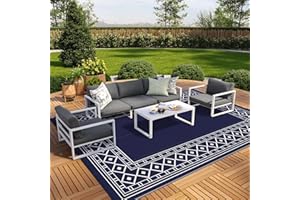 GENIMO Outdoor Rug Waterproof Area 10' x 14' for Patio, Foldable Reversible Plastic Straw Carpet for Travel Trailers, Outside Mat for Rv, Deck, Picnic, Porch, Camper, Balcony, Beach, Blue & White