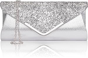 Larcenciel Clutch Purses for Women, Silver Glitter Envelope Evening Bag, Sparkling Sequins Prom Party Shoulder Crossbody Bag