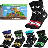 Minecraft Boys Calf Length Socks, Size 6&ndash;14 Yrs, 3 or 5 Pack Soft Cozy Sports School Creeper Socks, Gamer Gifts for Boys (Black/Multi - 5 Pack, 5/7.5 US, 10-13 Years)
