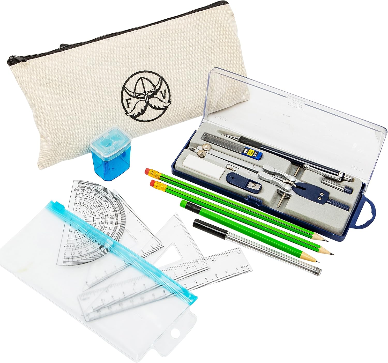 Protractor and Compass Set with Ruler, Set Square, Protractor, Compass for Geometry, Pencils, Pencil Case, Mechanical Pencil, Pencil Sharpener, Eraser and Lead : Office Products