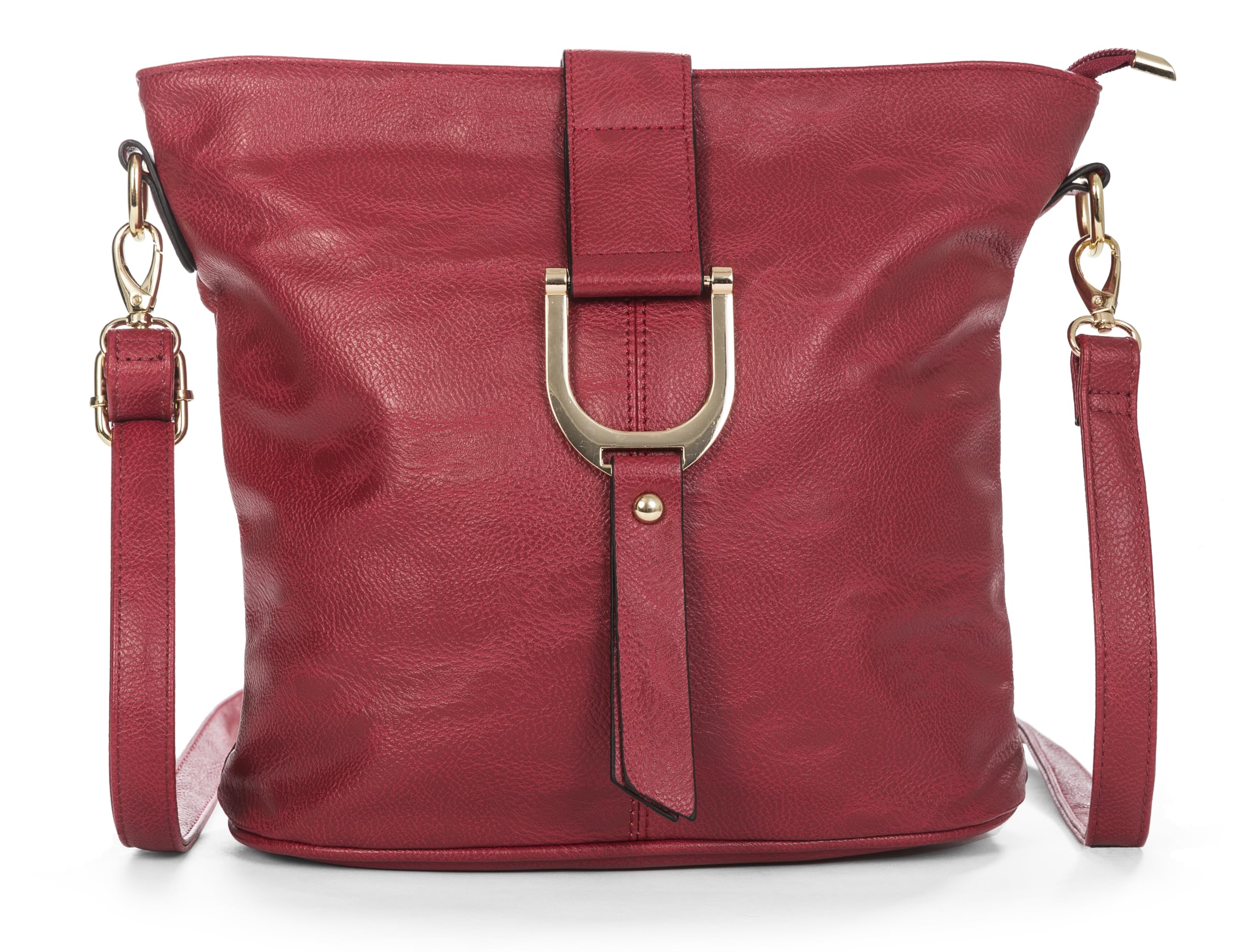 Mabel London Women’s Vegan Leather Crossbody Shoulder Bag – Medium Everyday Tote with Horseshoe Buckle & Zip Pocket – Frankie (Red)