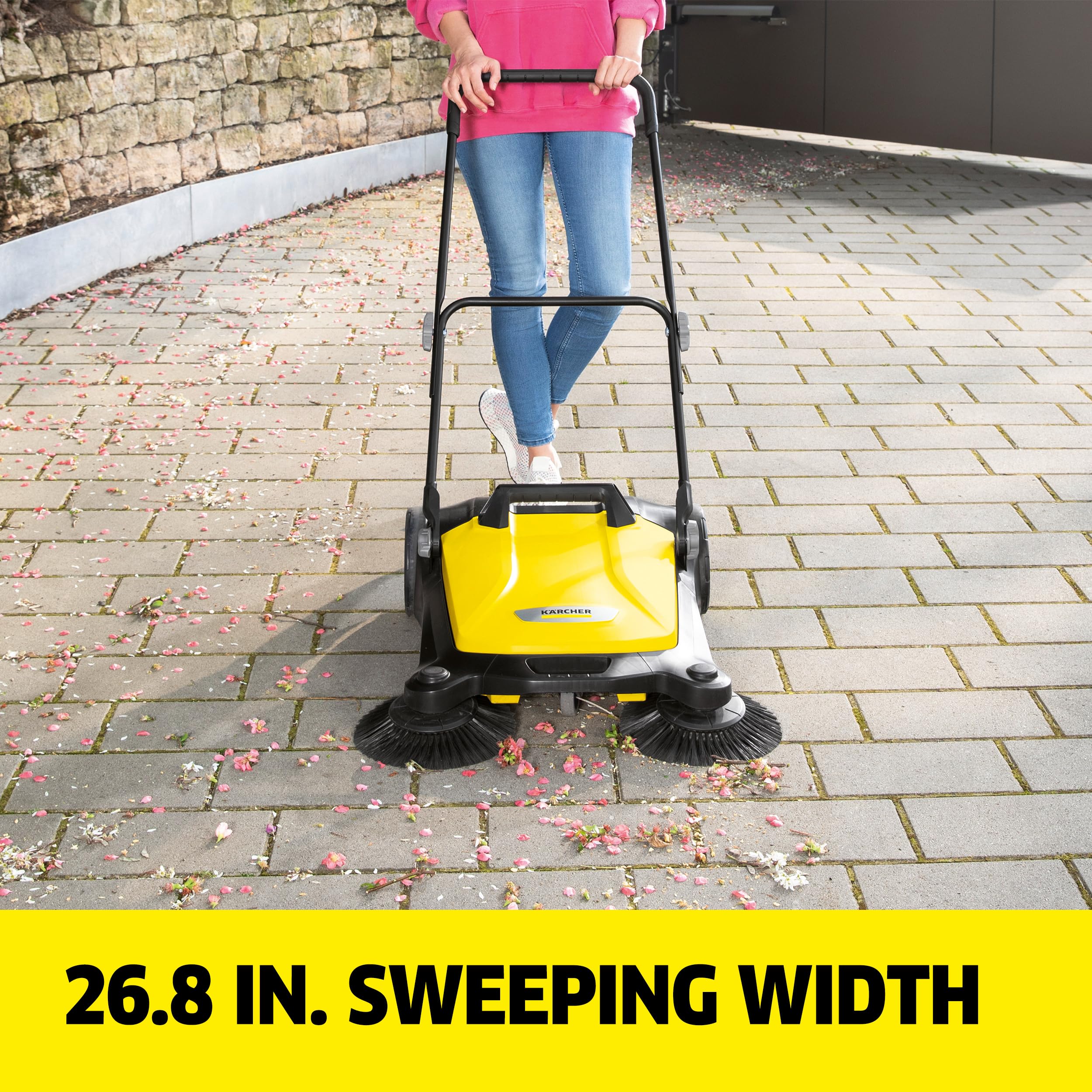 Kärcher Walk Behind Outdoor Push Sweeper S 4 Twin for Workshops, Warehouses or Garages - 5X Faster Than a Push Broom, 5.25 Gallon Capacity, 26.8