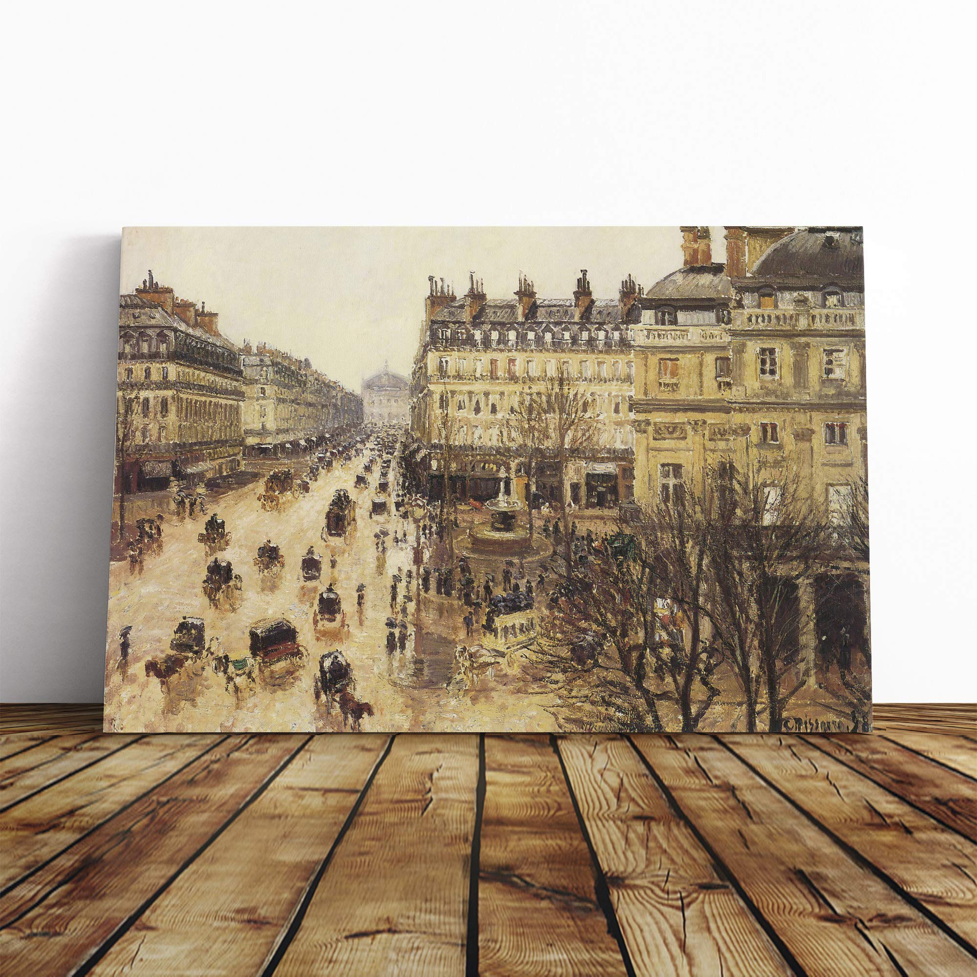 Camille Pissaro Theatre France in The Rain Canvas Print | Gallery Wrapped 30mm Frame Wall Art | 20x14 inches | Ready to Hang | Modern Landscape Picture | Living Room Bedroom Lounge Office
