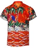 Virgin Crafts Men's Hawaiian Short Sleeves Shirt Parrot Print Orange Color Casual Aloha Shirts