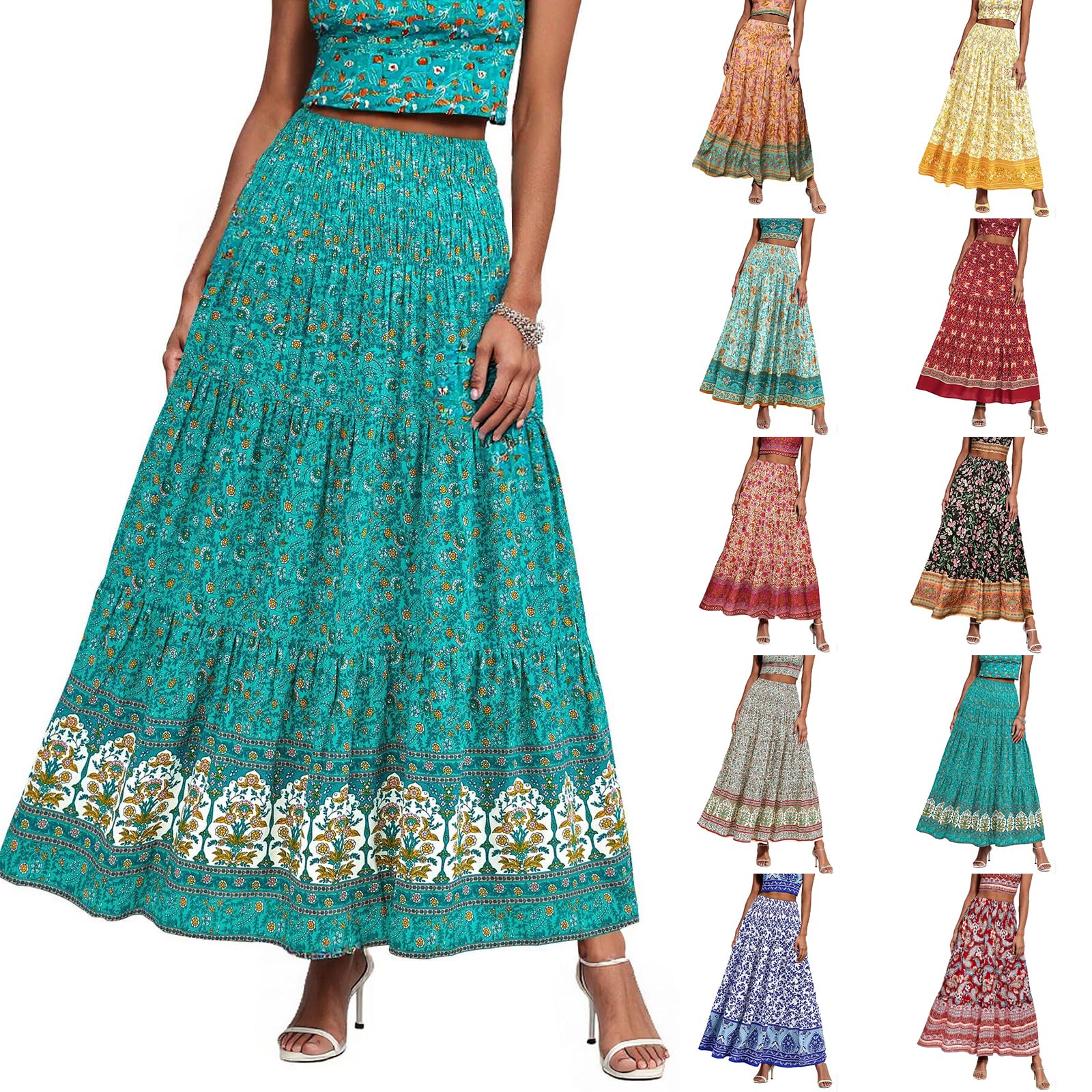 Women's Boho Floral Maxi Skirt Elastic High Waist Tiered Flowy Long Skirt Summer Spring Beach Vacation Outfit Loose Fit Casual Holiday Elegant Midi Skirts