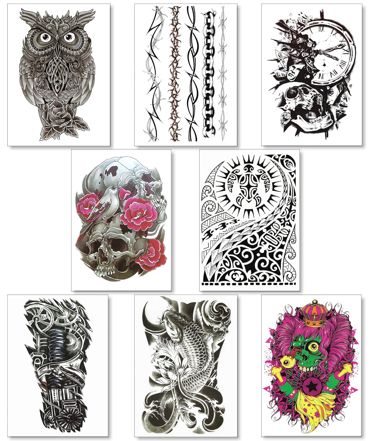 Temporary Tattoos For Men Guys Boys & Teens (8 Large Sheets) - Fake Tattoos Stickers For Arms Shoulders Chest Back Legs Tribal Koi Fish Skull Owl Clock Tattoo Realistic Waterproof Transfer Black