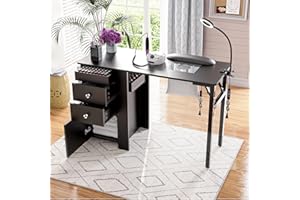 KIKIHOUSE Foldable Nail Table with Dust Collector, Manicure Desk for Nail Tech,with LED Lamp, Wrist Rest, Rolling Nail Table for Salon, Home Beauty Workstation, Compact Nail Station with Storage (Black)