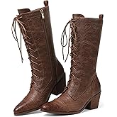 SaraIris Women's Black Mid Calf Boots Lace Up Chunky Heel Vintage Combat Heeled Dress Casual Boots