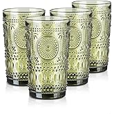 Joeyan Green Vintage Drinking Glasses,Embossed Boho Sunflower Highball Water Glass Tumbler,14 oz Colored Beaded Glassware for Beverages Juice Whisky Cocktail Beer Wine Milk of 4,Dishwasher Safe