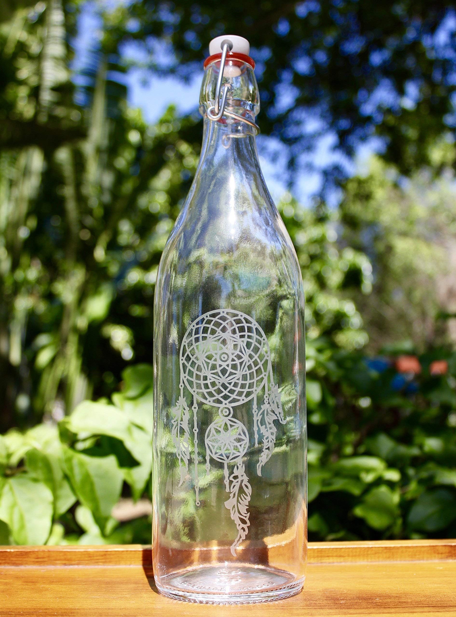 32oz. Dream Catcher Etched Glass Bottle With Swing-Top Lid