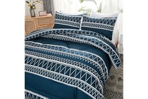 Litanika Navy Blue Boho Comforter King(104x90lnch), 3 Pieces(1 Bohemian Comforter and 2 Pillowcases) Geometric Triangle Striped Comforter, Soft Microfiber Down Alternative Bedding Set