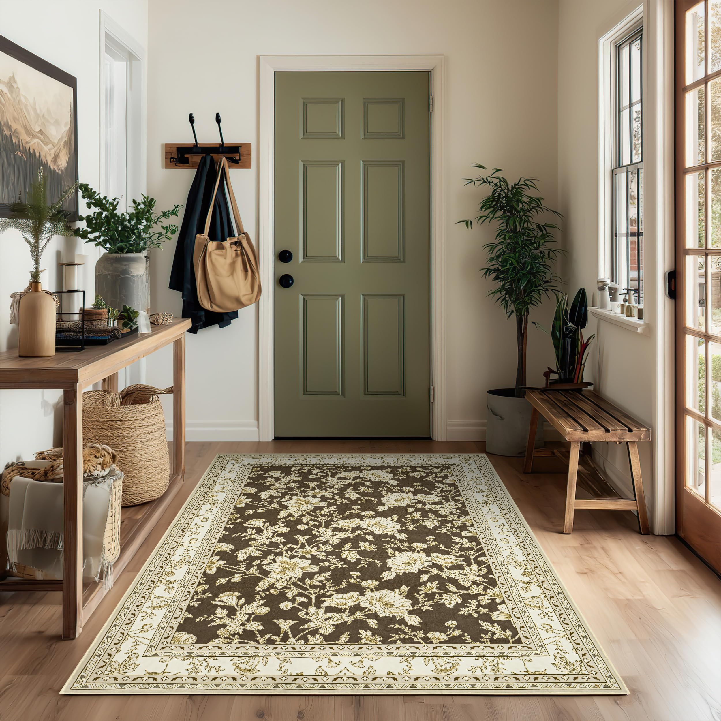 Brown Floral Print Area Rugs for Bedroom Living Room Boho Farmhouse Country Rustic Dining Room Carpet Soft Washable Rugs Non Slip Floor Covering for Nursery Playroom 4x6 Image