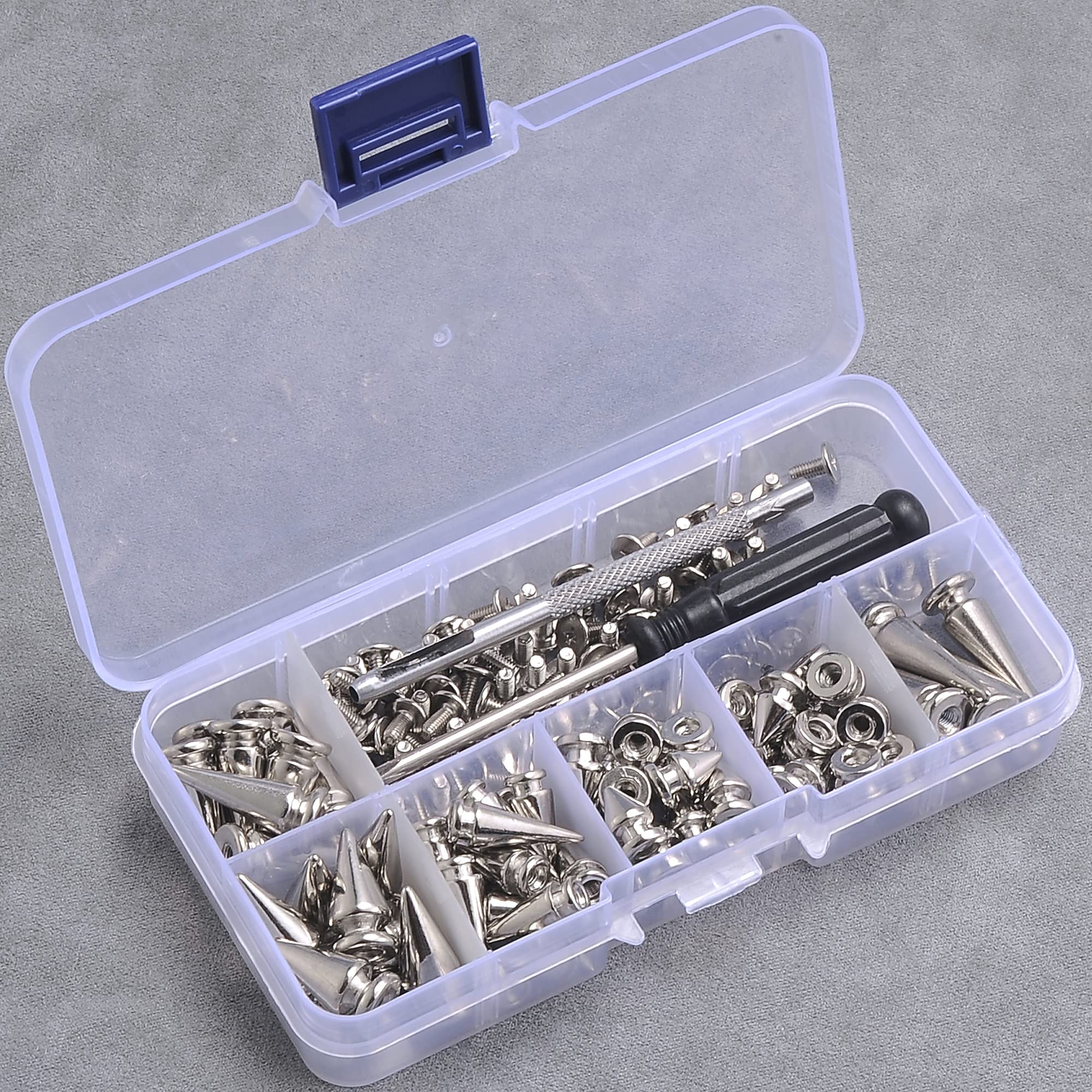 YORANYO 70 Sets Mixed Shape Spikes and Studs Assorted Sizes for Clothing - Silver Color Screw Back Bullet Tree Rivet for Leather Craft, Shoes, Belts, Bags, Dog Collars