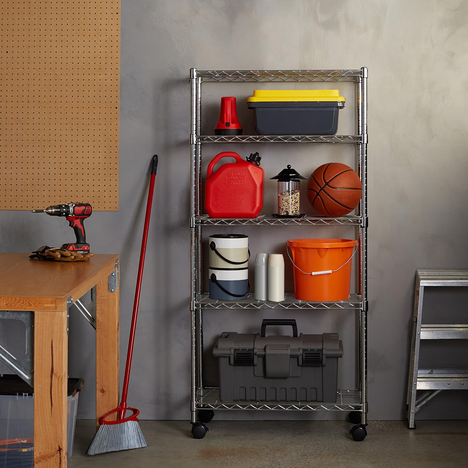 Basics 5-Shelf Shelving Storage Unit on 4'' Wheel Casters , Metal Organizer Wire Rack, Chrome Silver (30L x 14W x 64.75H): Home & Kitchen