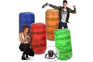 ArmoGear Inflatable Barrels for Laser Tag, Squirt Guns, and Paintball | Set of 4 Barrels for Arena or Battlefield Bunkers with Air Pump and Adhesive Patches | Outdoor Toy for Ages 8 Plus