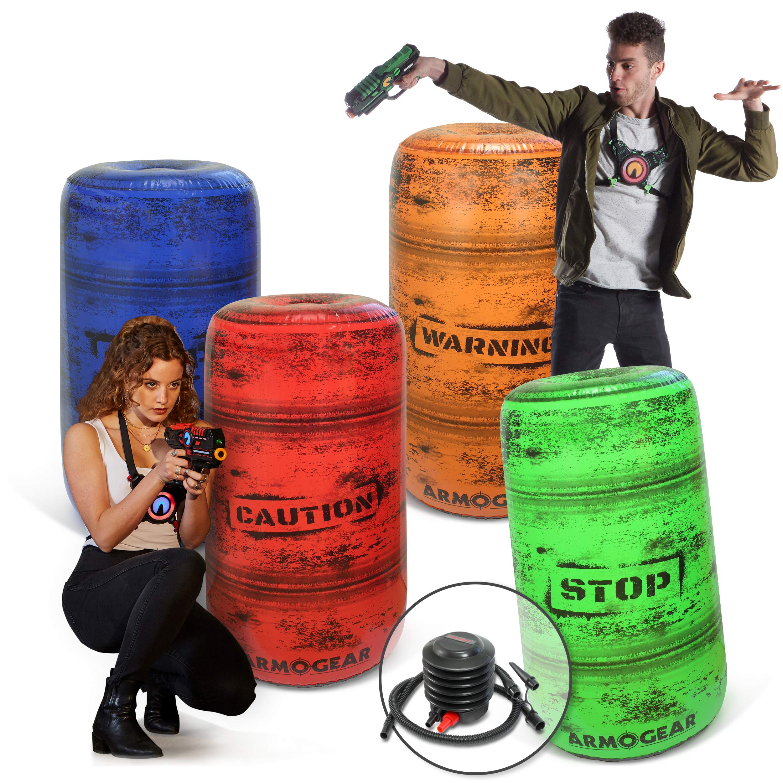 Photo 1 of ArmoGear Inflatable Barrels for Laser Tag, Squirt Guns, and Paintball | Set of 4 Barrels for Arena or Battlefield Bunkers with Air Pump and Adhesive Patches | Outdoor Toy for Ages 8 Plus