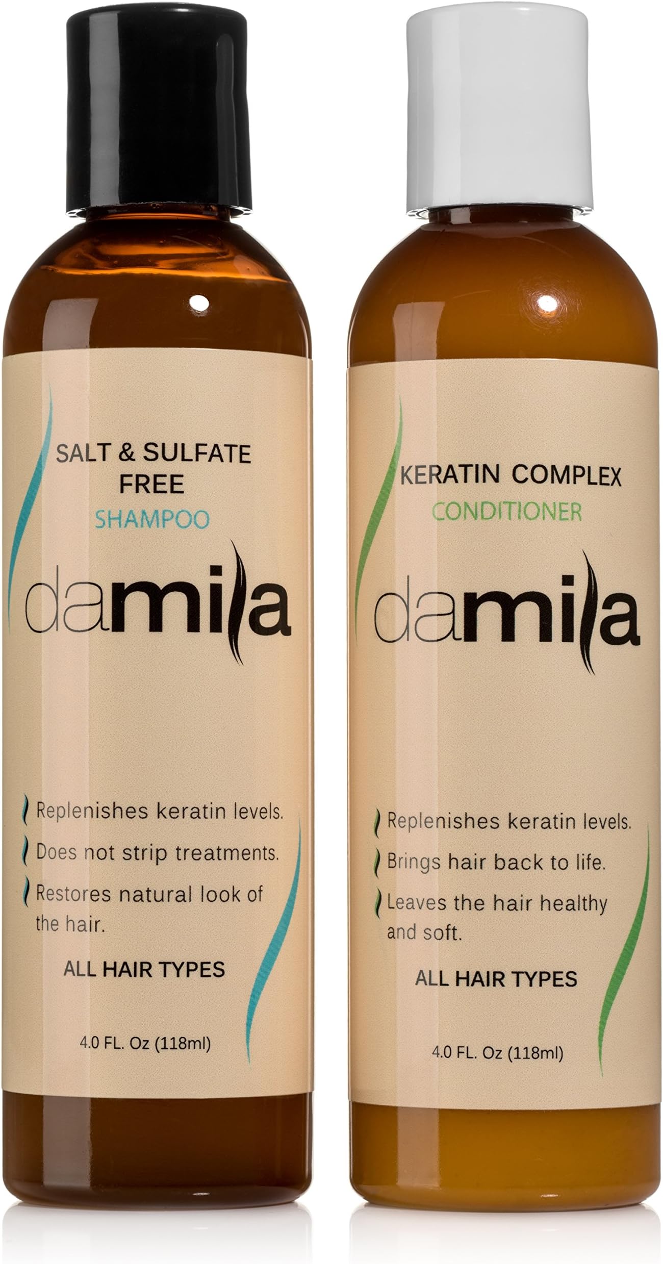 Damila Salt and Sulfate Free Shampoo and Keratin Complex Conditioner Set - Post Keratin Treatment Shampoo and Conditioner, Restores and Enhances Effects - For All Hair Types, 4 Fl. Oz