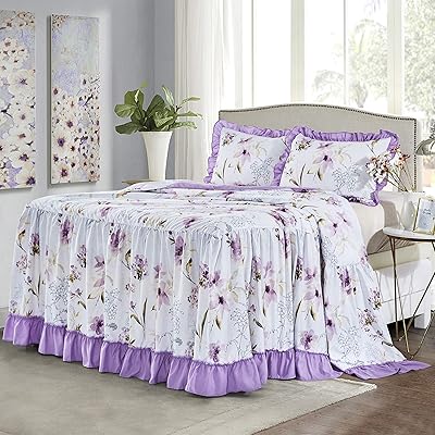 Buy Hig 3 Piece Ruffle Skirt Bedspread Set King Purple Floral Print 30 Inches Drop Ruffled Style Bed Skirt Coverlets Bedspreads Dust Ruffles Macy Bedding Collections King Size 1 Bedspread 2 Shams Online In