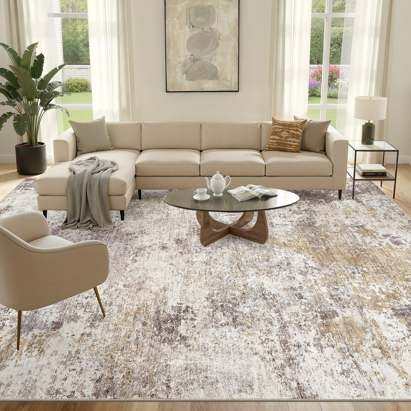 Nakagishi 12x15 Area Rugs for Living Room: Washable Modern Abstract Large Rug with Non-Slip Silicone Backing, Low Pile Soft Carpet for Bedroom & Dining Decor,Ideal for Families-Brown