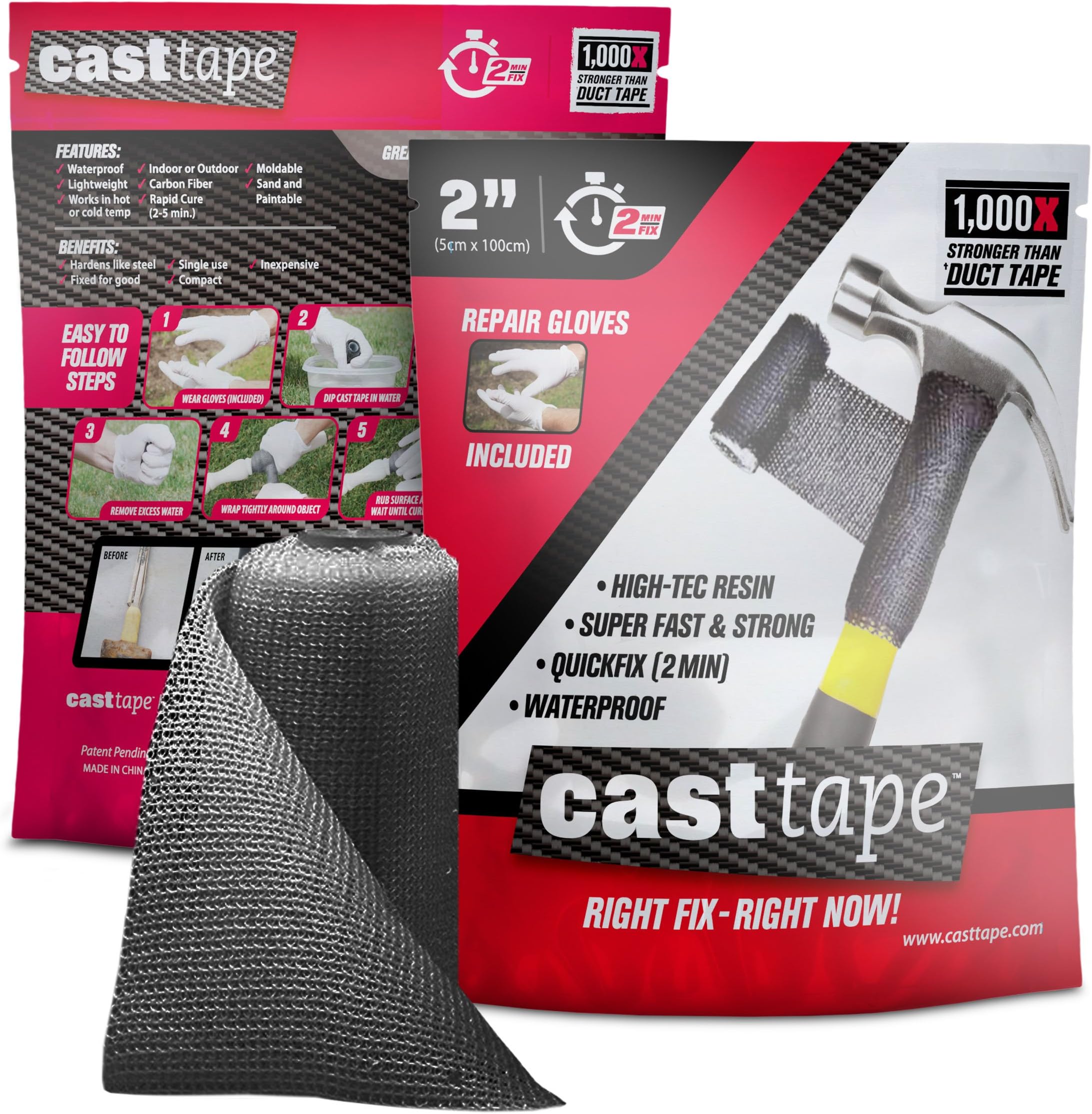 CASTtape - Super Epoxy Carbon Fiber Tape - 100x Strength of Duct Tape - Fix & Repair: Automotive, Plumbing, Pipe & Hose, Emergency, DIY - 2" x 40" Roll