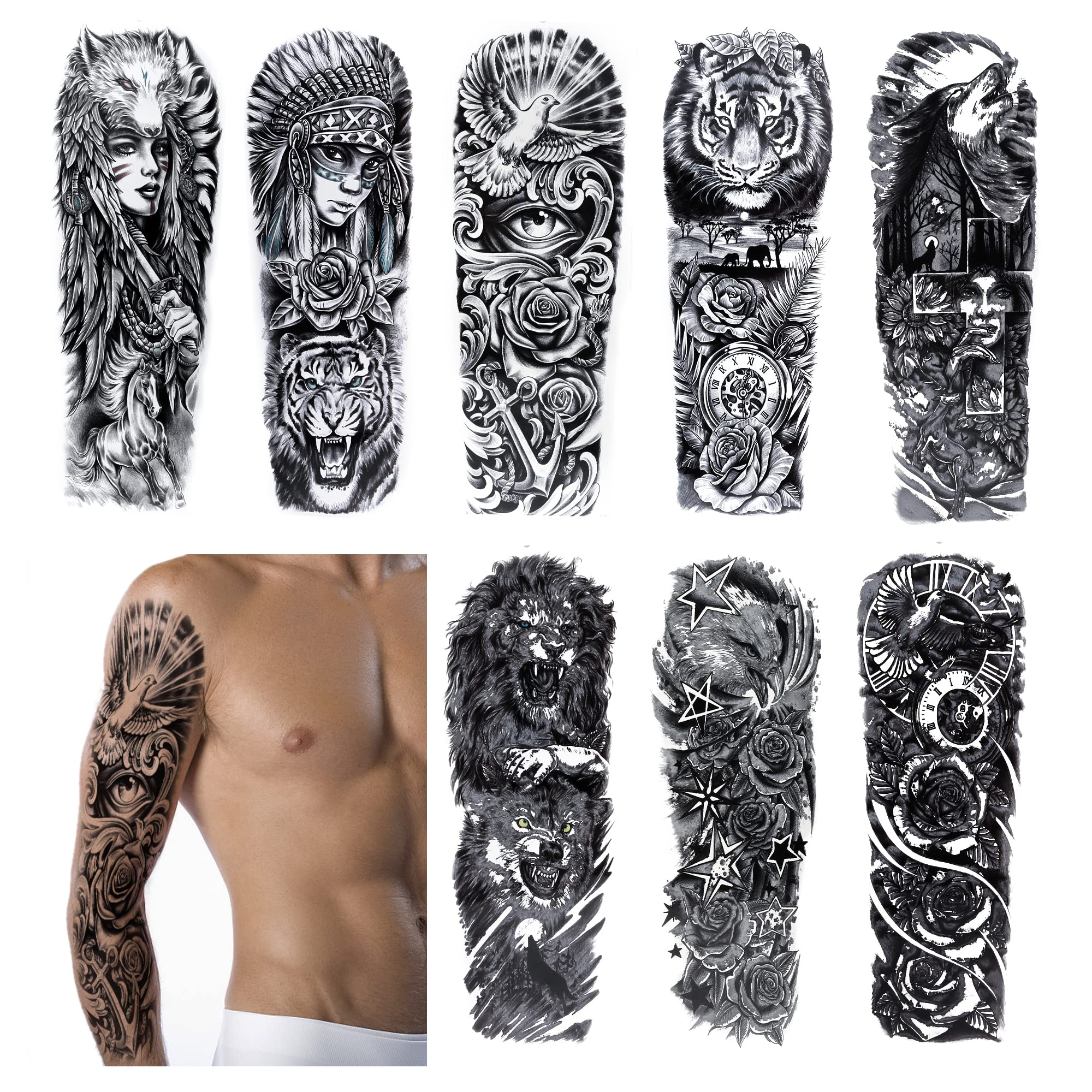 Temporary Tattoos for Adults Men Waterproof Fake Tattoo Stickers Kit for Arm/leg (Full Arm 8pcs)