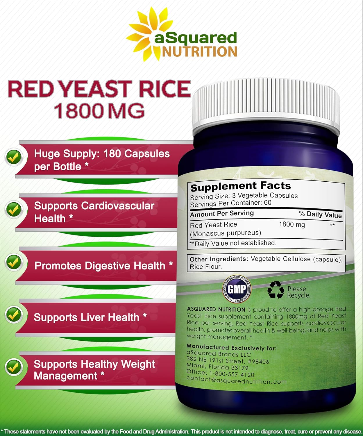 Red Yeast Rice 1800mg Dietary Supplement Vegan Powder Pills to