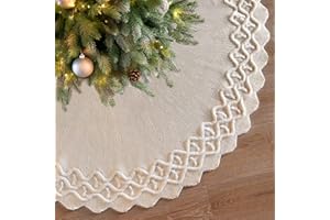 TOCHGREEN White Knitted Christmas Tree Skirt 48 Inch Luxury Cable Knitted Thick Rustic Vintage Xmas Tree Mat Boho Under Tree 
