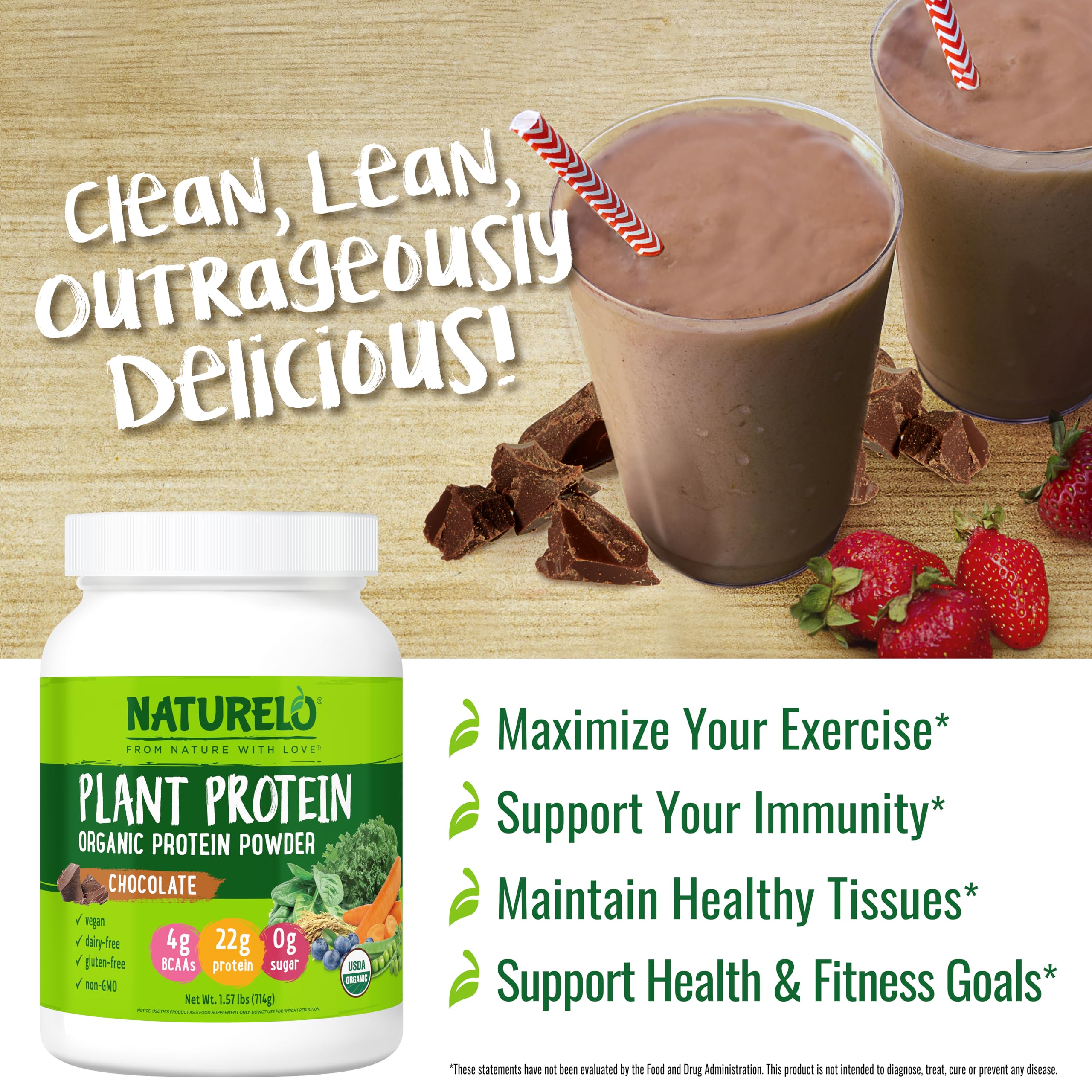 NATURELO Plant Protein Powder, Chocolate, 22g Protein - Non-GMO, Vegan, No Gluten, Dairy, or Soy - No Artificial Flavors, Synthetic Coloring, Preservatives, or Additives - 20 Servings