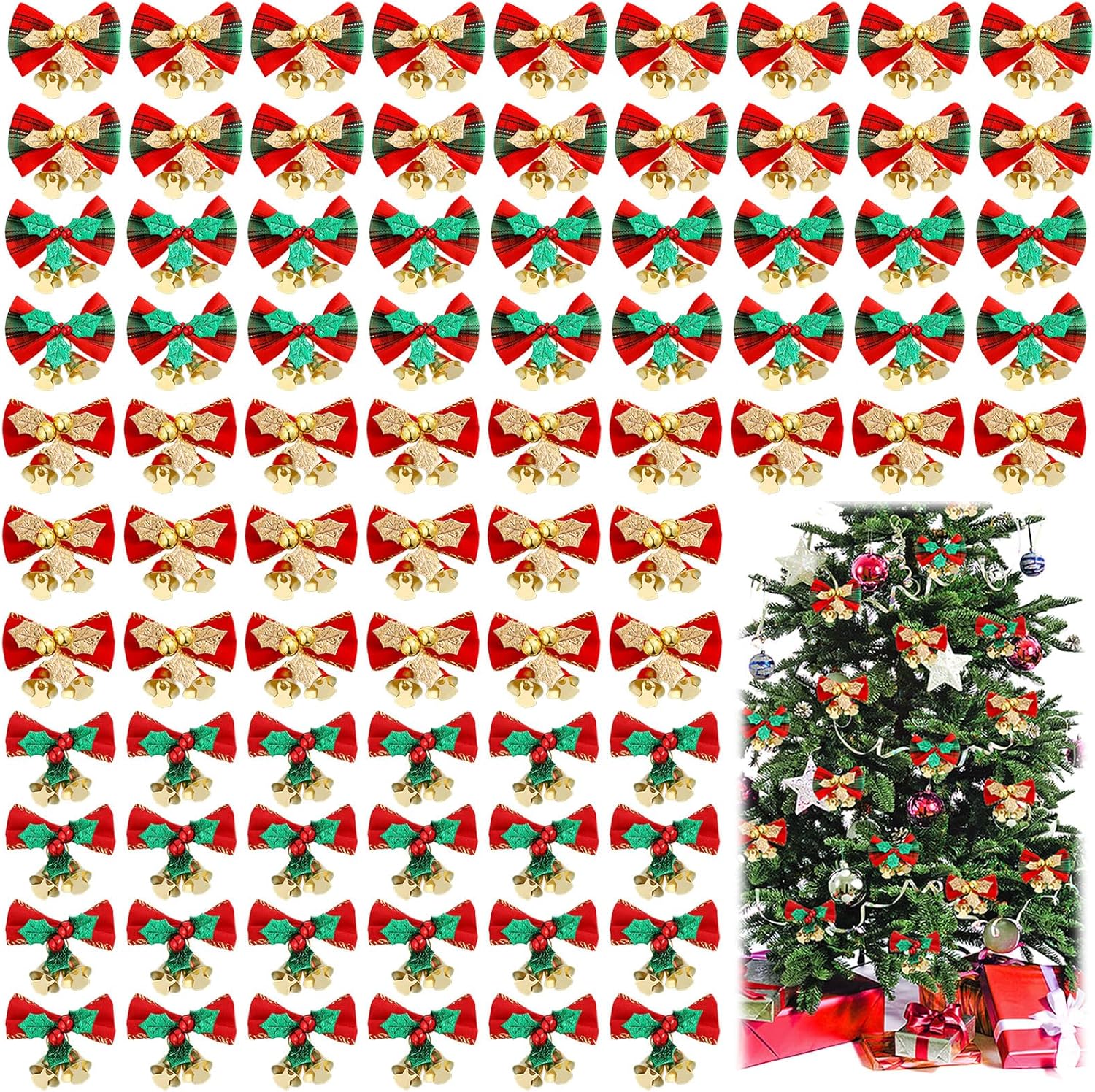 Bows & Ribbons - Christmas Bow with Bells for Crafts Christmas Mini Bowknot Ornament Craft Present Bow Christmas Tree Wreaths Hanging Decor (100 Pieces)