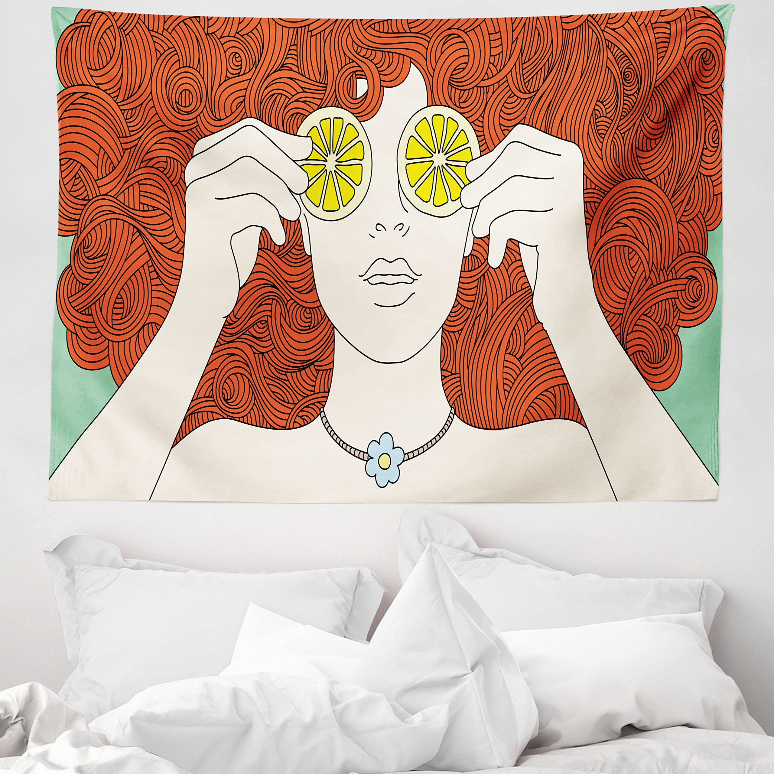 ABAKUHAUS Retro Tapestry, Curly Ginger Hair Girl Covering Her Eyes with Lemon Slices Female Portrait, Fabric Wall Hanging Decor for Bedroom Living Room Dorm, 58 W X 43 L, Orange Yellow