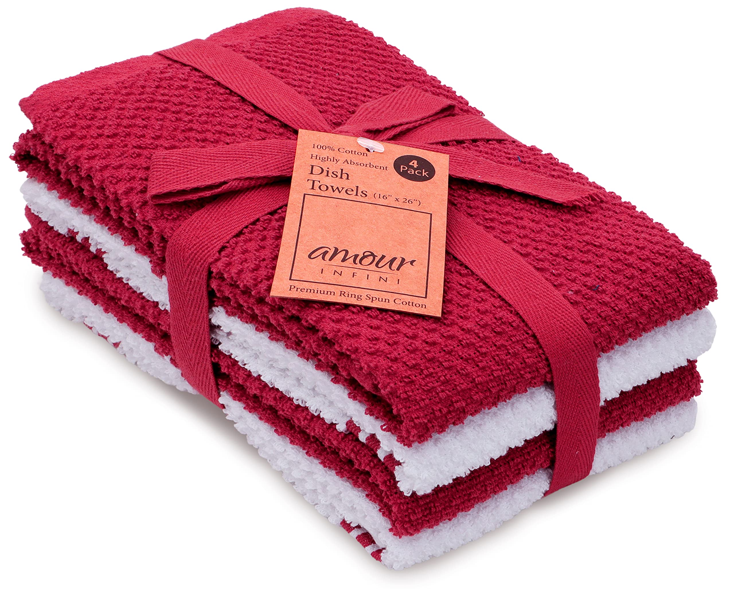 AMOUR INFINI Cotton Tea Towel Kitchen DishTowels Set of 4, 40 x 65 cm Super Soft & Absorbent Kitchen Towels 100% Terry Dish Towels for Washing Up Perfect for Household & Commercial Uses | Red