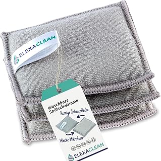 ELEXACLEAN Spülschwamm Topfreiniger Schwämme (3er Set, 10x8 cm, Grau) waschbar zum wiederverwenden, mit Mikrofaser