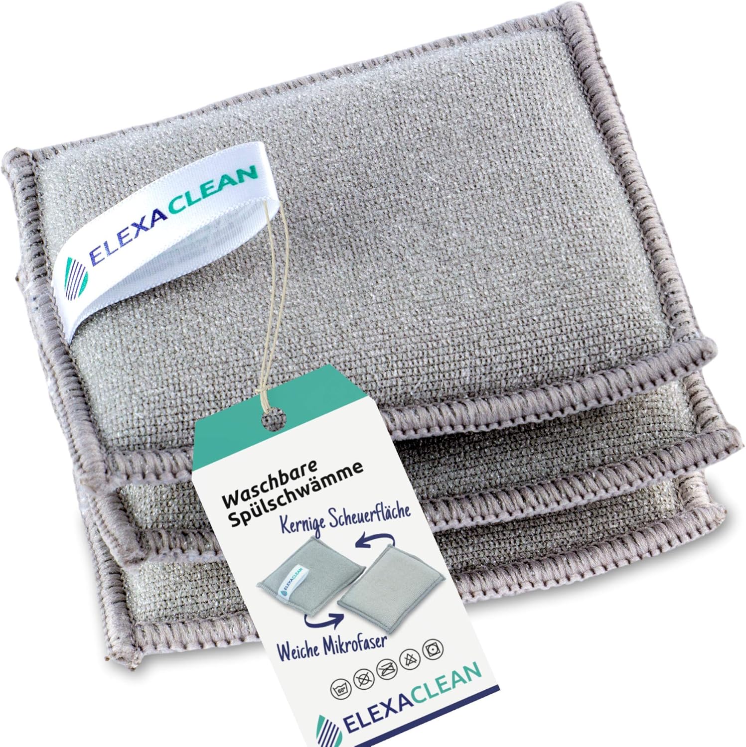 ELEXACLEAN Spülschwamm Topfreiniger Schwämme (3er Set, 10x8 cm, Grau) waschbar zum wiederverwenden, mit Mikrofaser