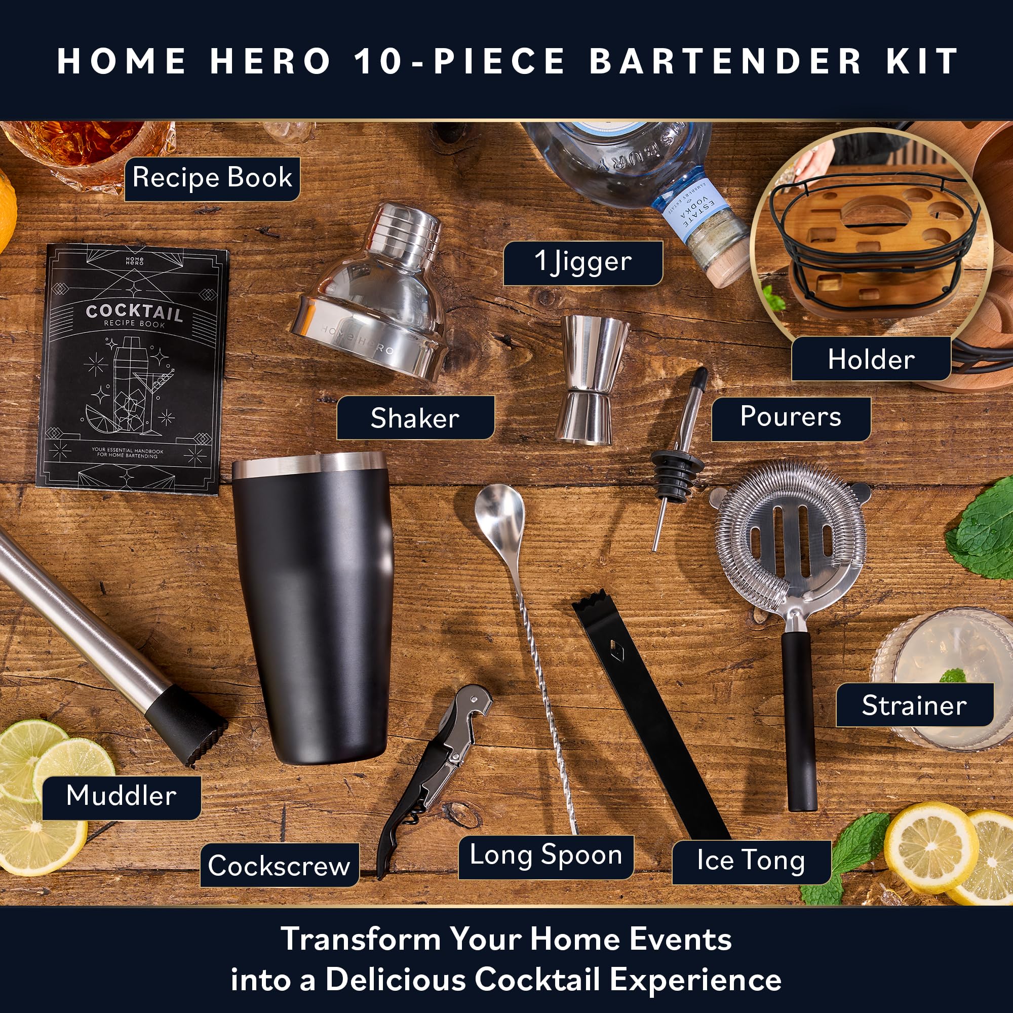 Home Hero Elegant 10-Piece Bartender Kit with Wooden Stand, Premium Bar Set & Cocktail Shaker, Gift for Home Bar and Cocktail Enthusiasts, Essential Bar Accessories w/Recipe Book (10Pcs-Black/Silver) - Image 2