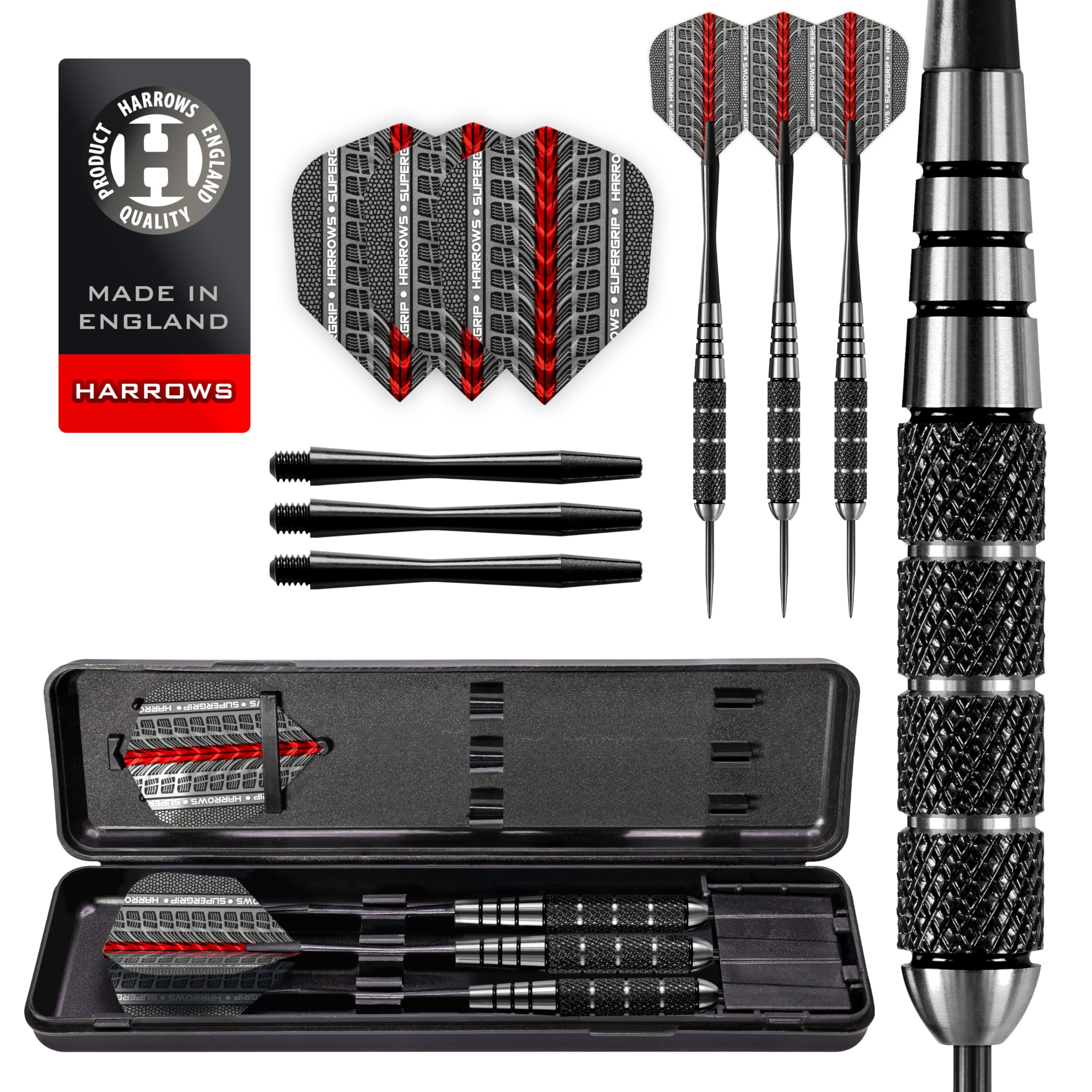 Harrows Black Jack Stainless Steel Tip Darts Set 18g, 20g, 22g & 24g - Inlcudes Speedline Shafts, Supergrip Flights & Travel Case (20g)