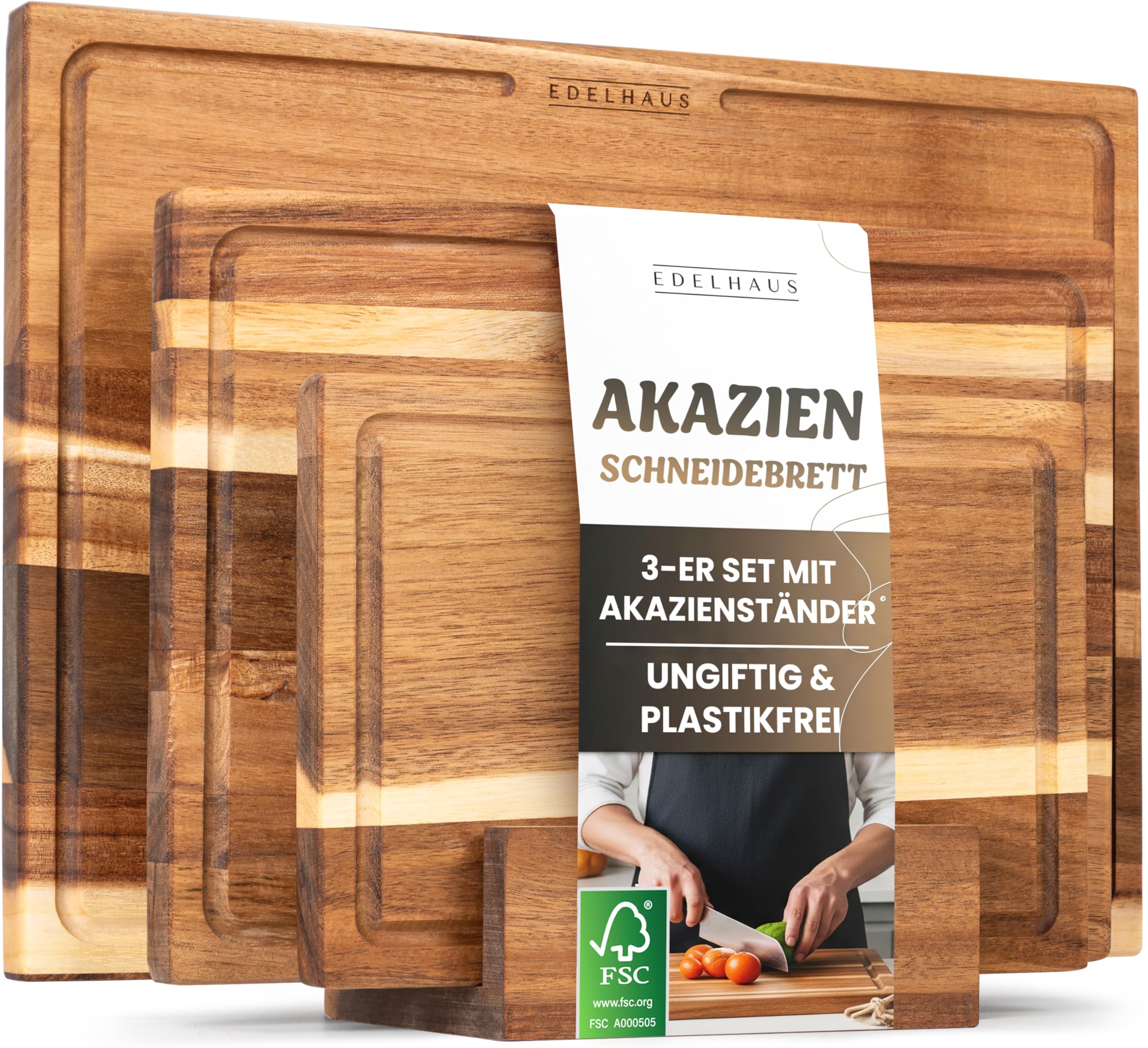 EDELHAUS Schneidebrett Holz 3er Set (40x30cm / 33x24cm / 26x18cm) Holzschneidebrett aus Massiver Akazie - 2cm dicke Holzbretter Küche mit Saftrille - Design Cutting Board Schneidbrett Set