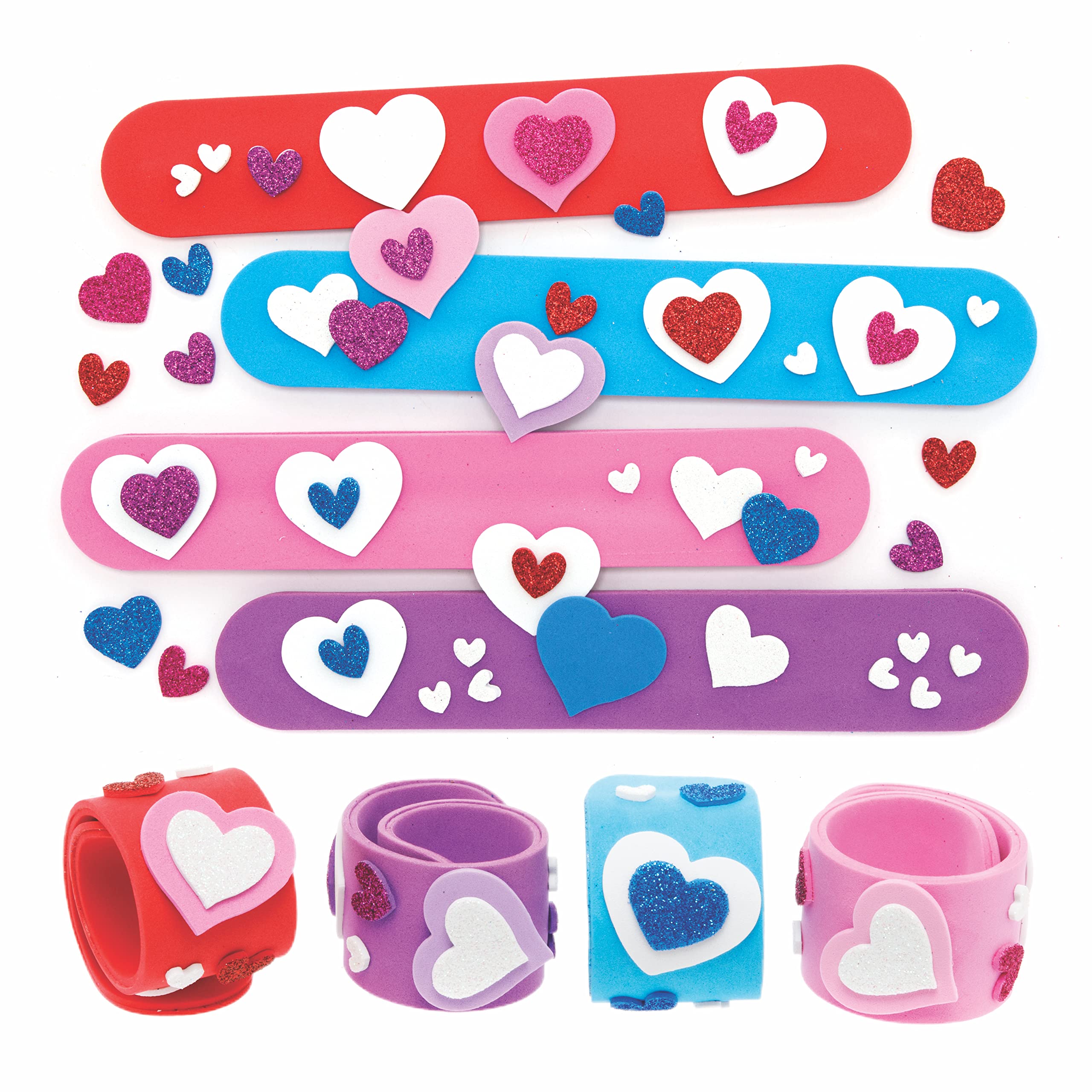 Baker Ross AX716 Heart Slap Bracelet Kits - Pack of 4, Kids Jewellery Making Craft Kits, Slap Bands Great for Children's Party Bag Fillers or Kids Pocket Money Toys