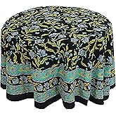 India Arts French Floral Round Tablecloth 90 Inch Blue on Black, 100% Cotton Tablecloth Round Washable Table Cloth for Kitchen Dining, Weddings, Holiday Party, Restaurant, Spring/Summer/Fall
