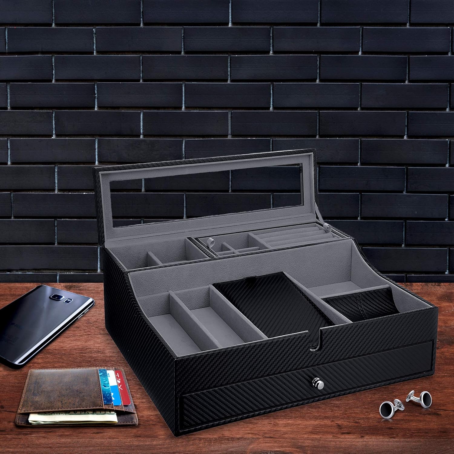 Valet Tray for Men| Sleek Dresser-Organizer Box for Storage & Display| Perfect for Phone, Watches, Sunglasses, Jewelry, Wallet, Rings, Necklace & More| Carbon Fiber & Faux Leather: Home Improvement